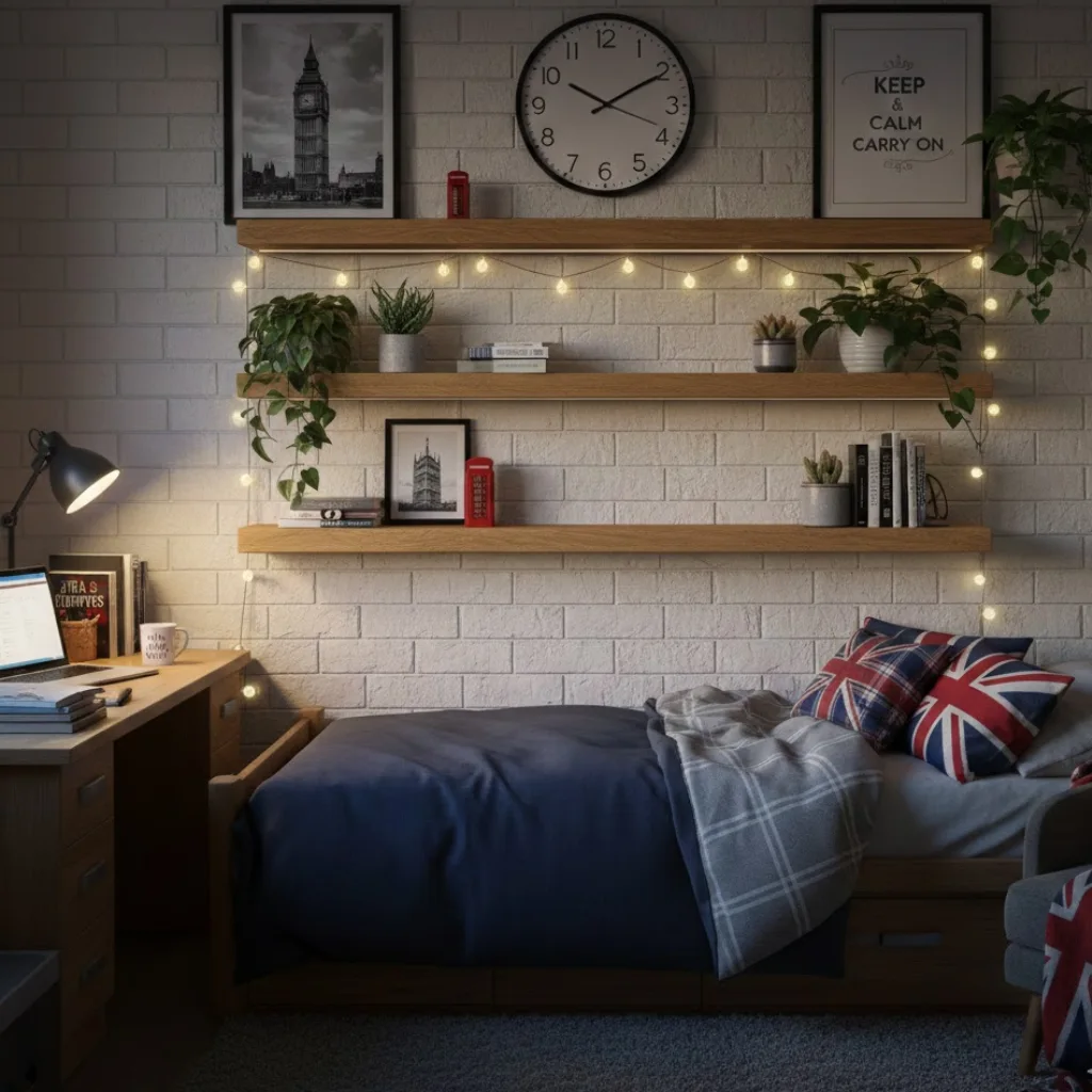 Minimal wall shelves used for dorm room storage and decor