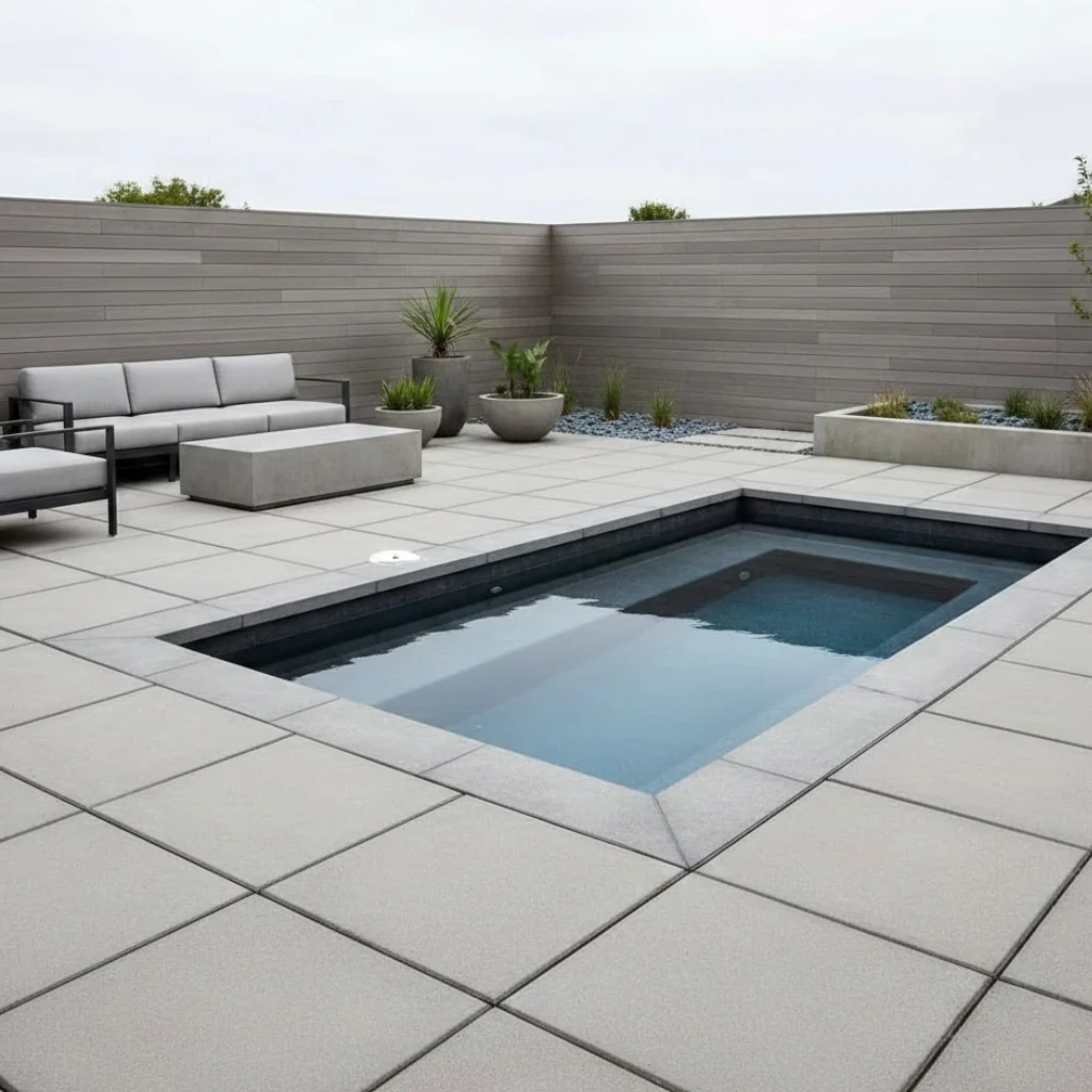 Minimalist modern outdoor jacuzzi with sleek design and neutral tones
