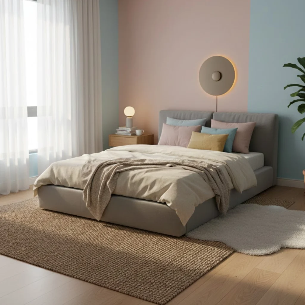 Minimalist small bedroom with a grey bed, cozy blankets, soft pastel walls, warm lighting, and a small plant for a cosy feel