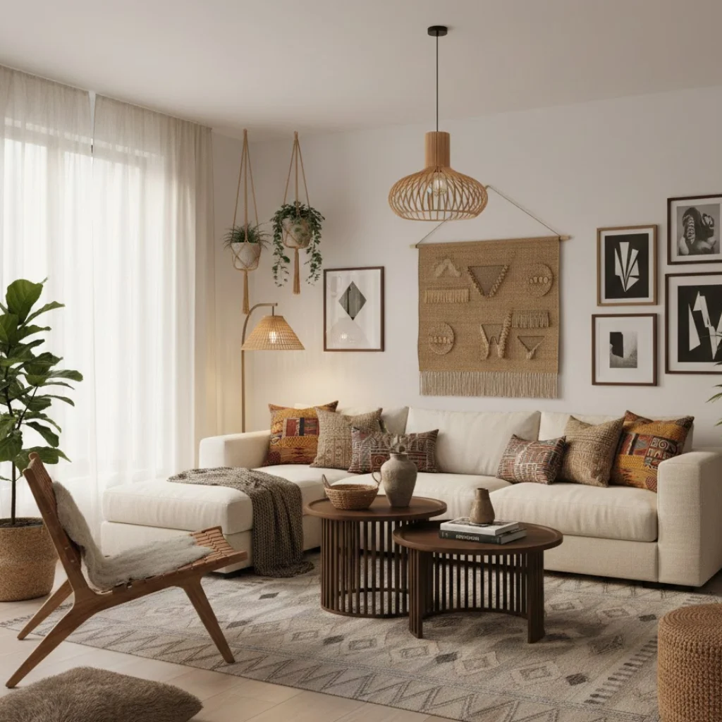 Modern Afrohemian living room blending minimalist furniture with African decor elements