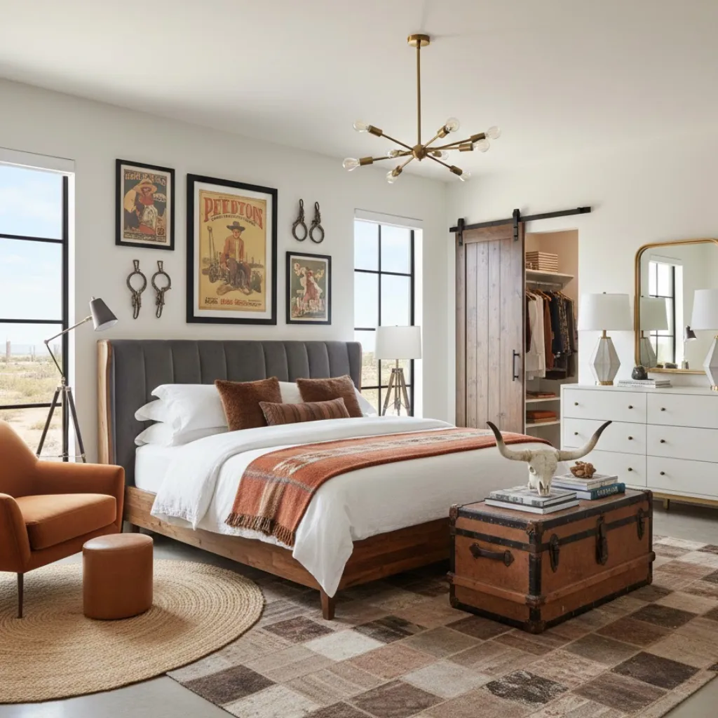 Modern cowgirl bedroom blending vintage western pieces with modern decor.