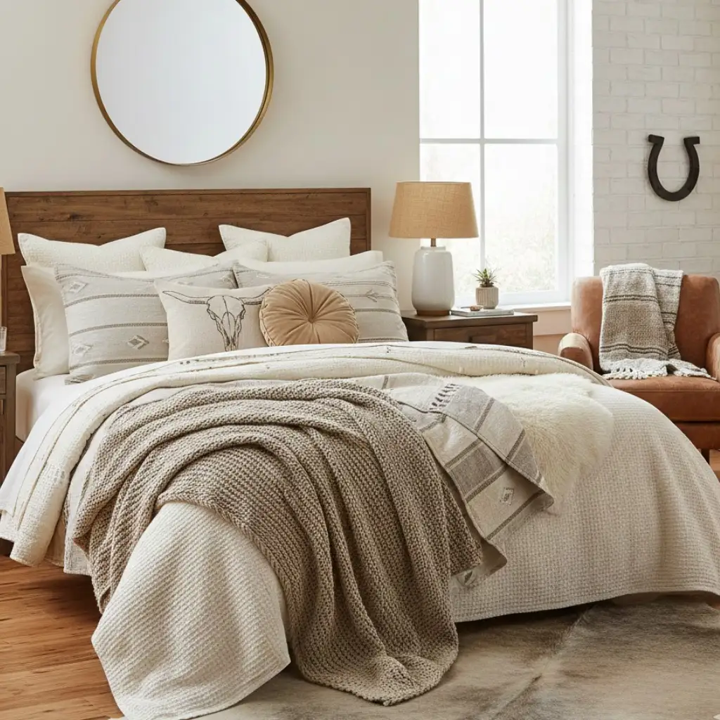 Modern cowgirl bedroom decorated with subtle western-inspired wall art.