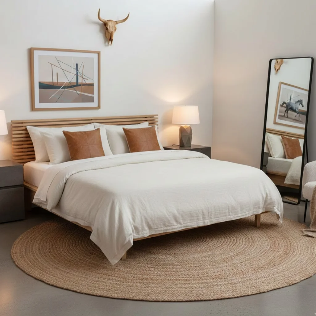 Modern cowgirl bedroom featuring minimal leather accents and soft neutral styling.