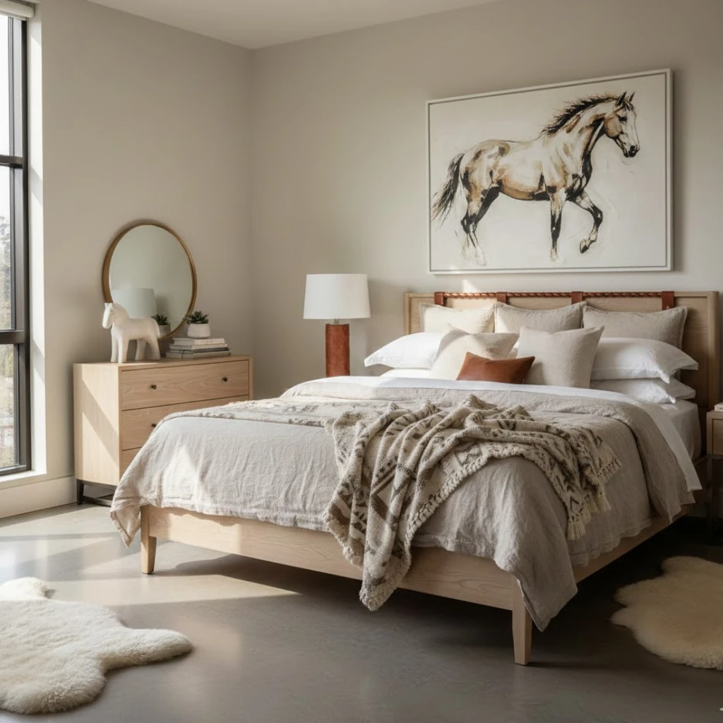 Modern cowgirl bedroom featuring neutral tones, layered bedding, subtle western accents, and a clean, collected design aesthetic.