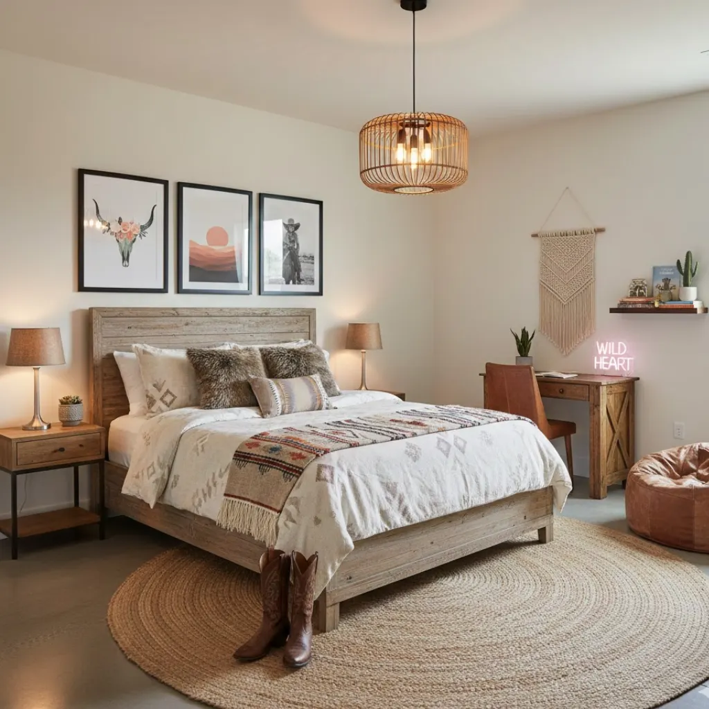 Modern cowgirl bedroom ideas for teens with trendy western accents.