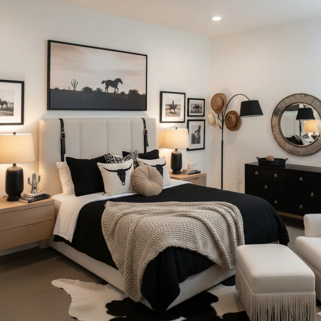 Modern cowgirl bedroom using a neutral and timeless color palette.