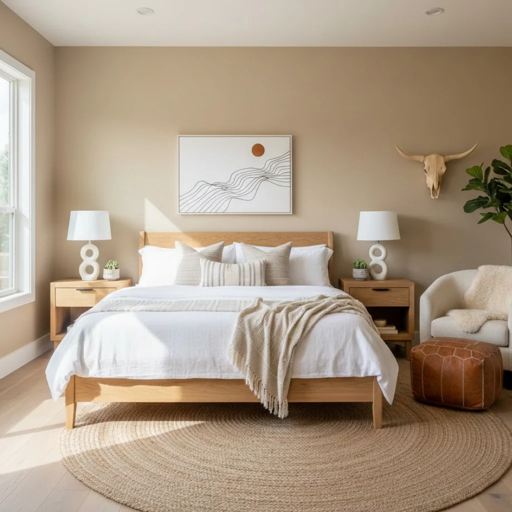 Modern cowgirl bedroom with neutral tones, white bedding, and soft western accents creating a calm and collected look.