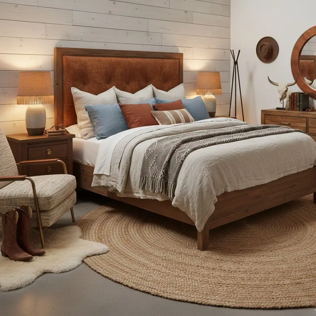 Modern cowgirl bedroom with rich textures and natural western materials.