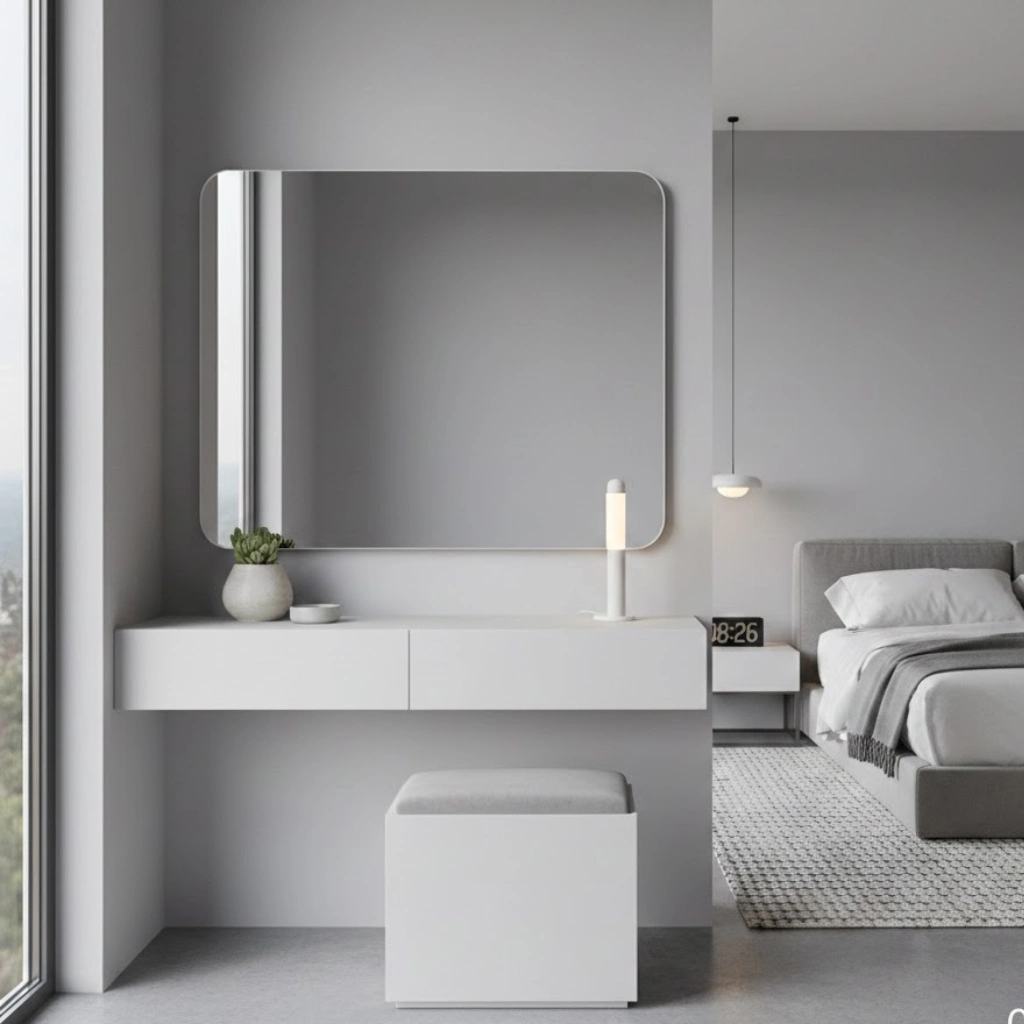 Modern dressing table idea for bedroom with sleek floating design and minimalist style.