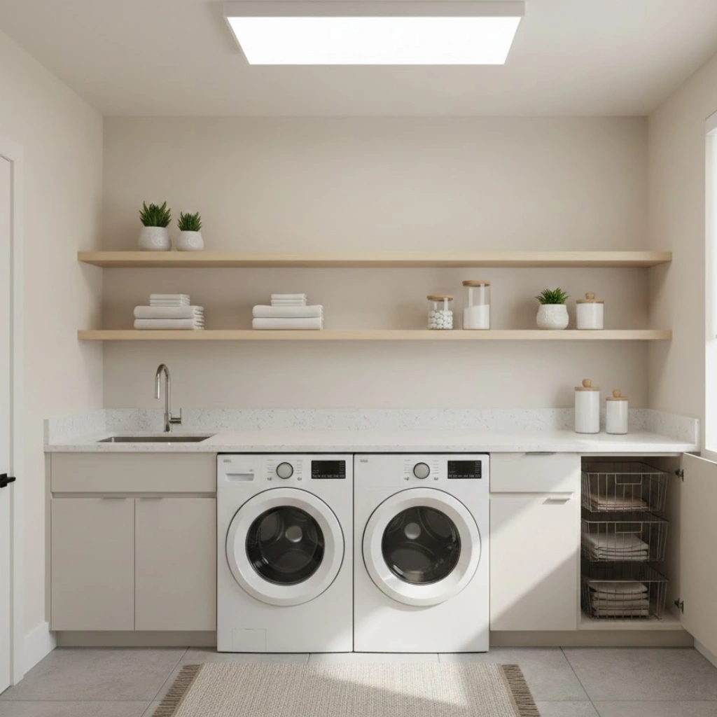 Modern laundry room layout with washer, dryer, and folding counter showcasing functional and stylish organization.