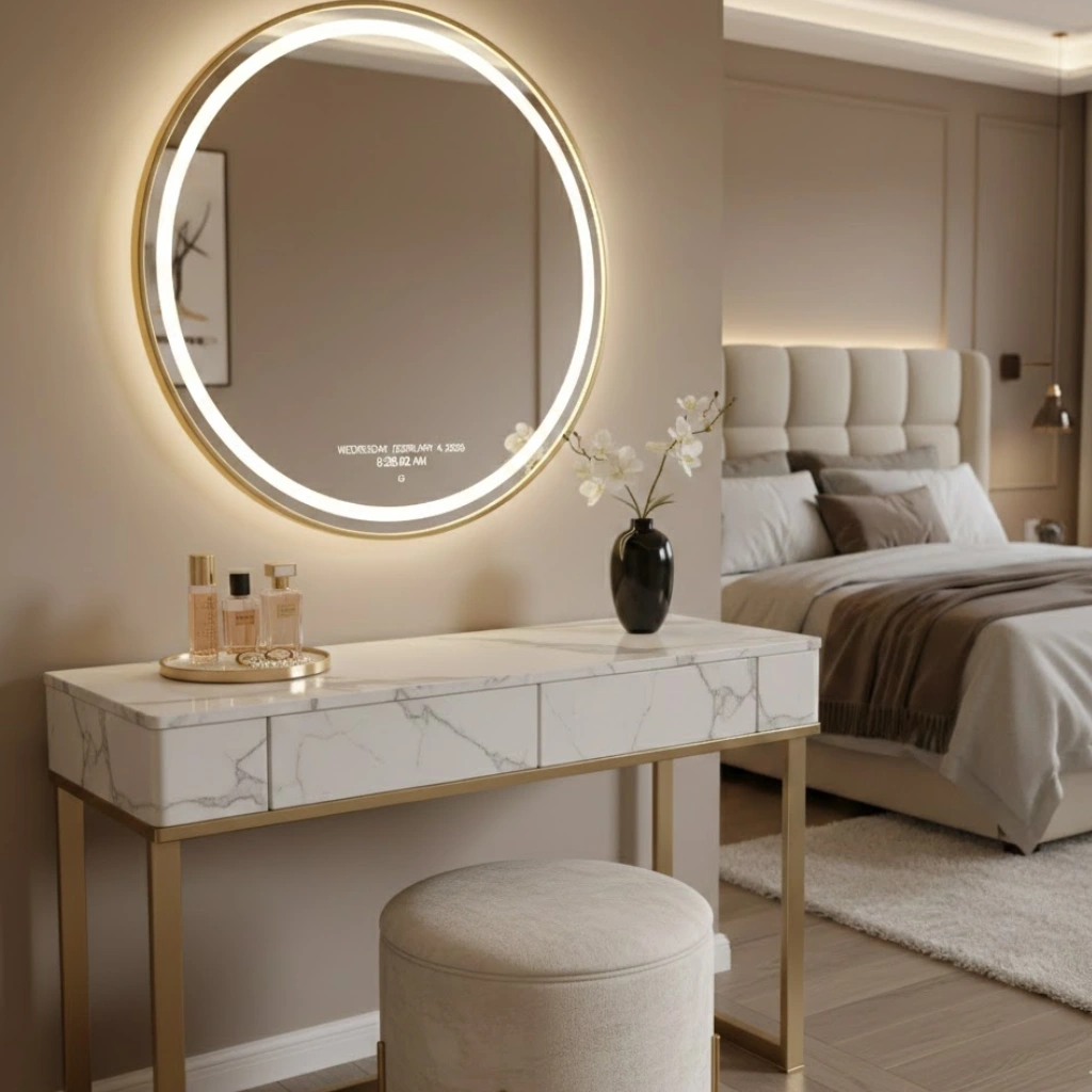 Modern luxury dressing table with marble surface, gold accents, and LED mirror in an elegant bedroom.
