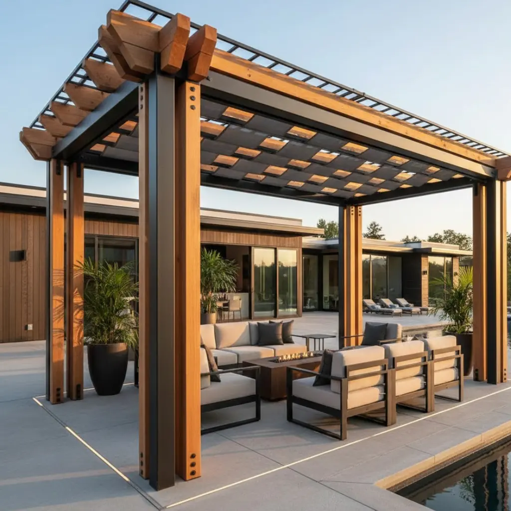 Modern pergola ideas using mixed materials