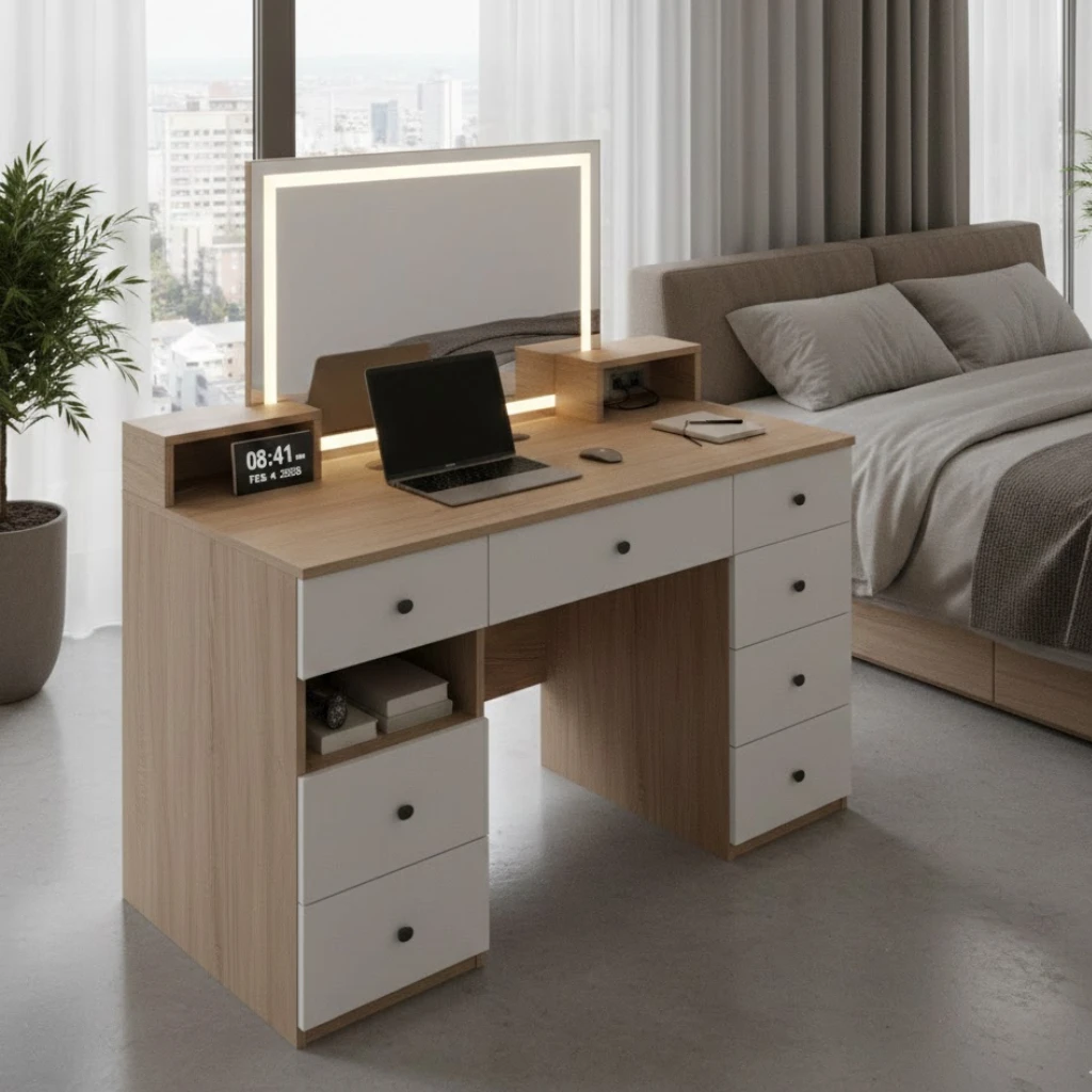 Multi-functional dressing table idea that works as both vanity and desk.
