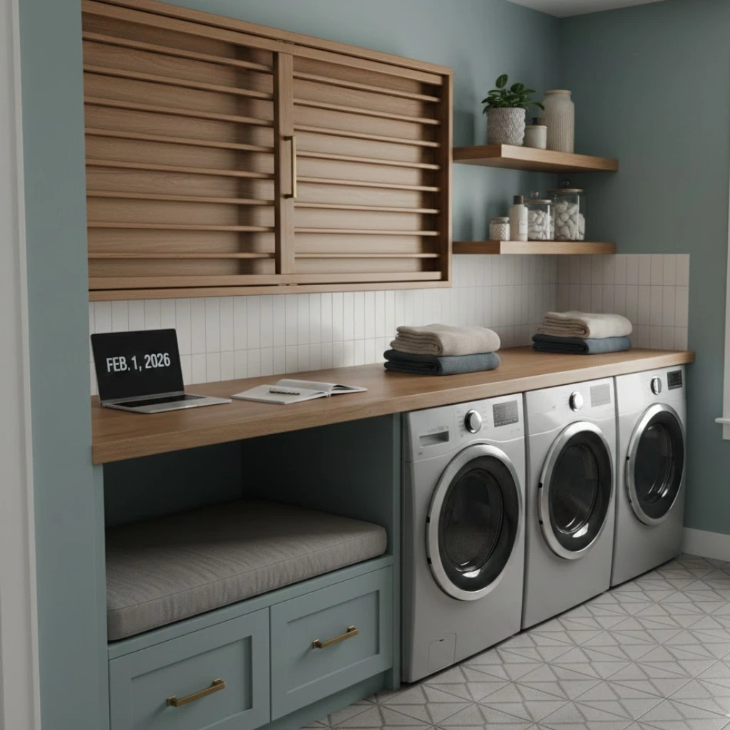 Multi-functional laundry room with folding counter, storage bench, and fold-away drying rack for versatile use.