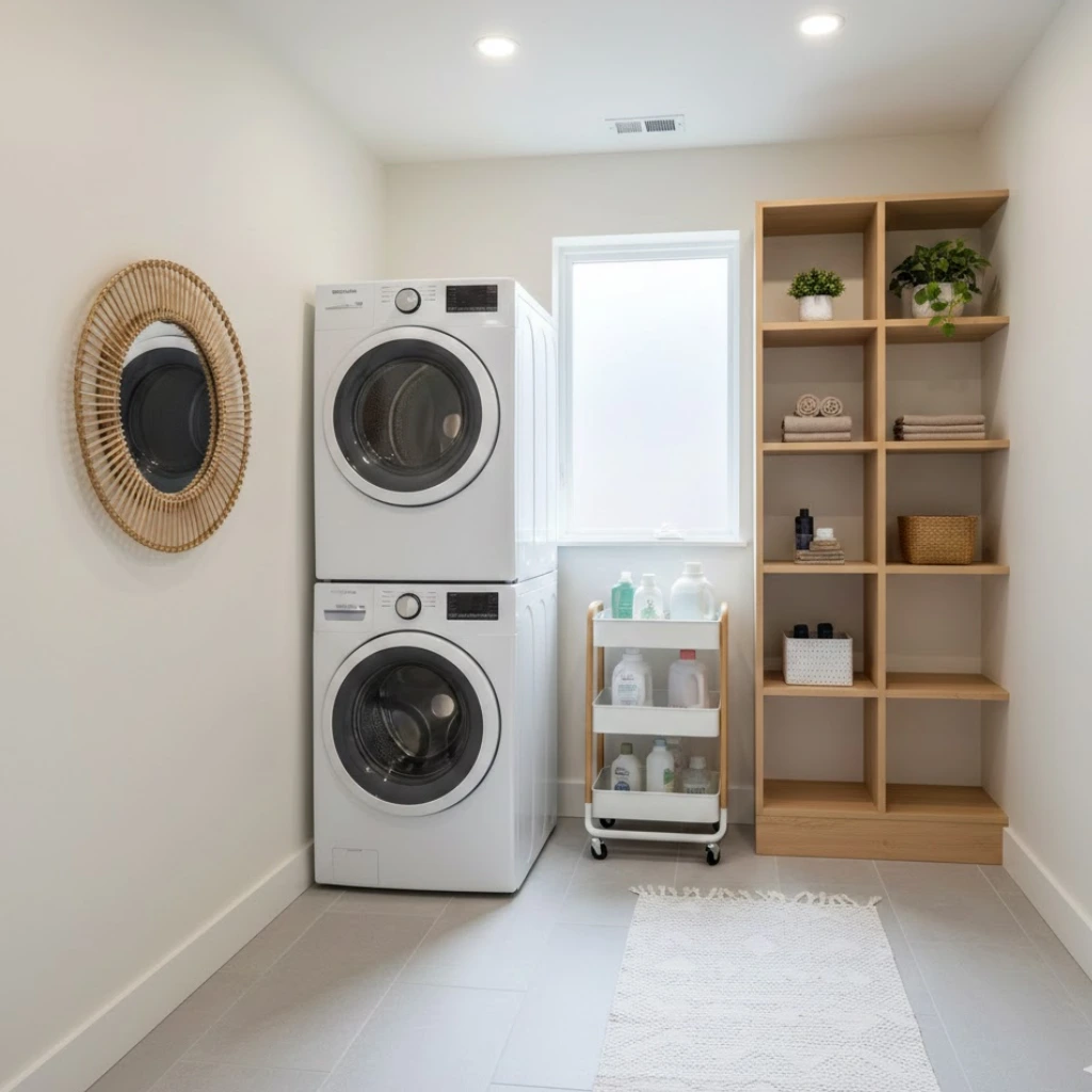 Multi-functional laundry room with folding counter, storage bench, and fold-away drying rack for versatile use.