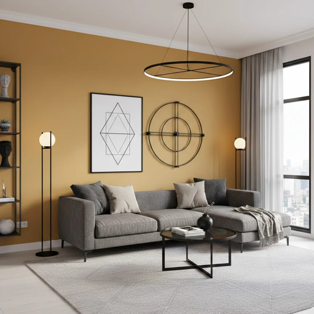 Mustard yellow accent wall in a modern living room with grey furniture.