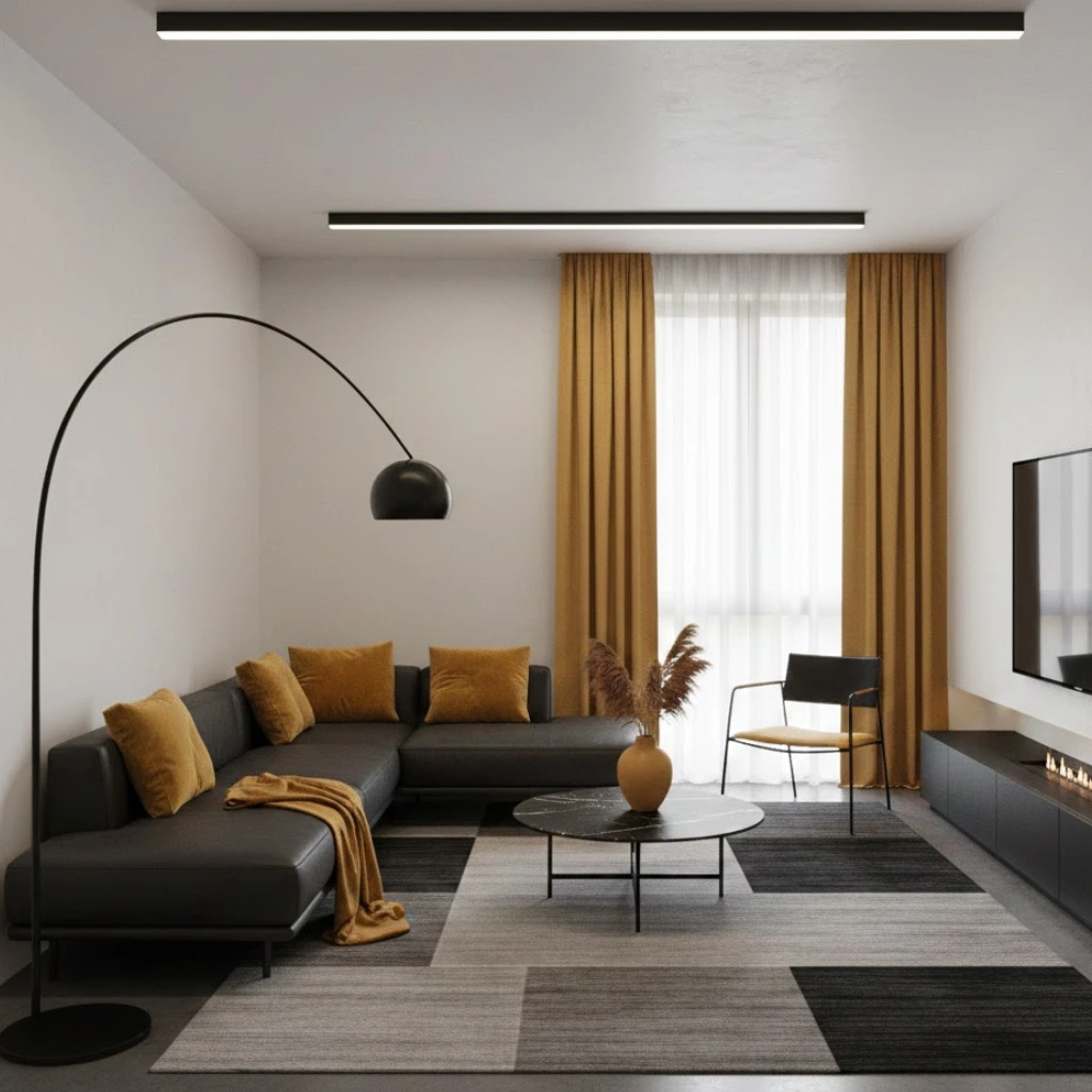 Mustard yellow and black living room ideas with bold modern style.