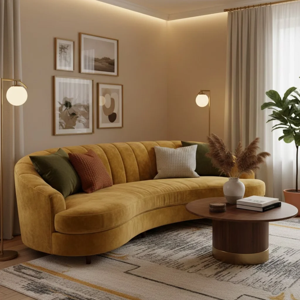 Mustard yellow velvet living room ideas with luxurious textures.