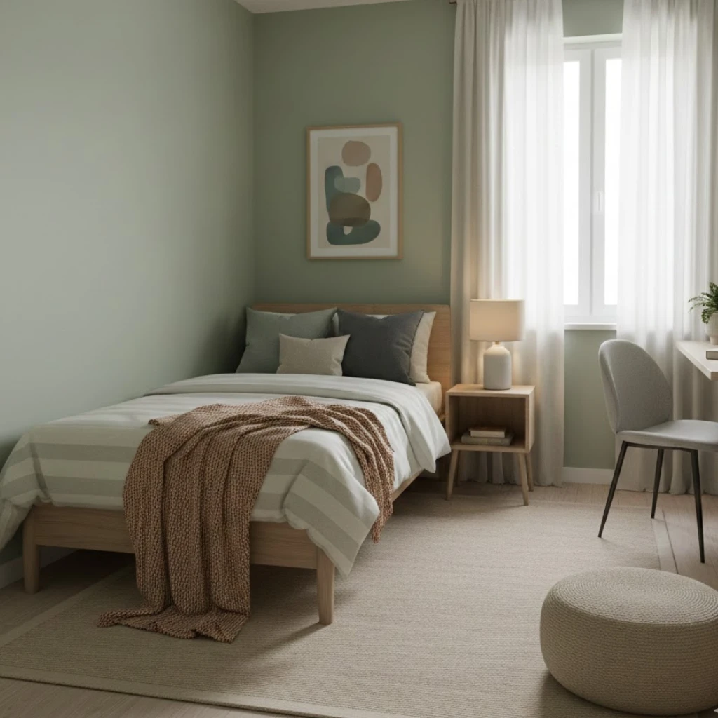 Muted color dorm room design inspired by British interiors with soft neutral tones
