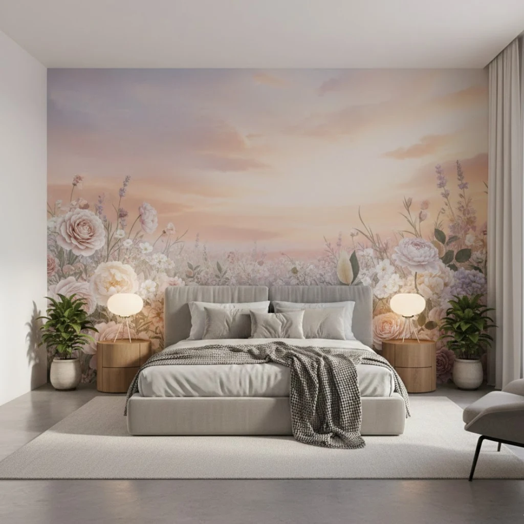 Nature-inspired romantic wallpaper for bedroom creating a peaceful and relaxing love-filled environment.