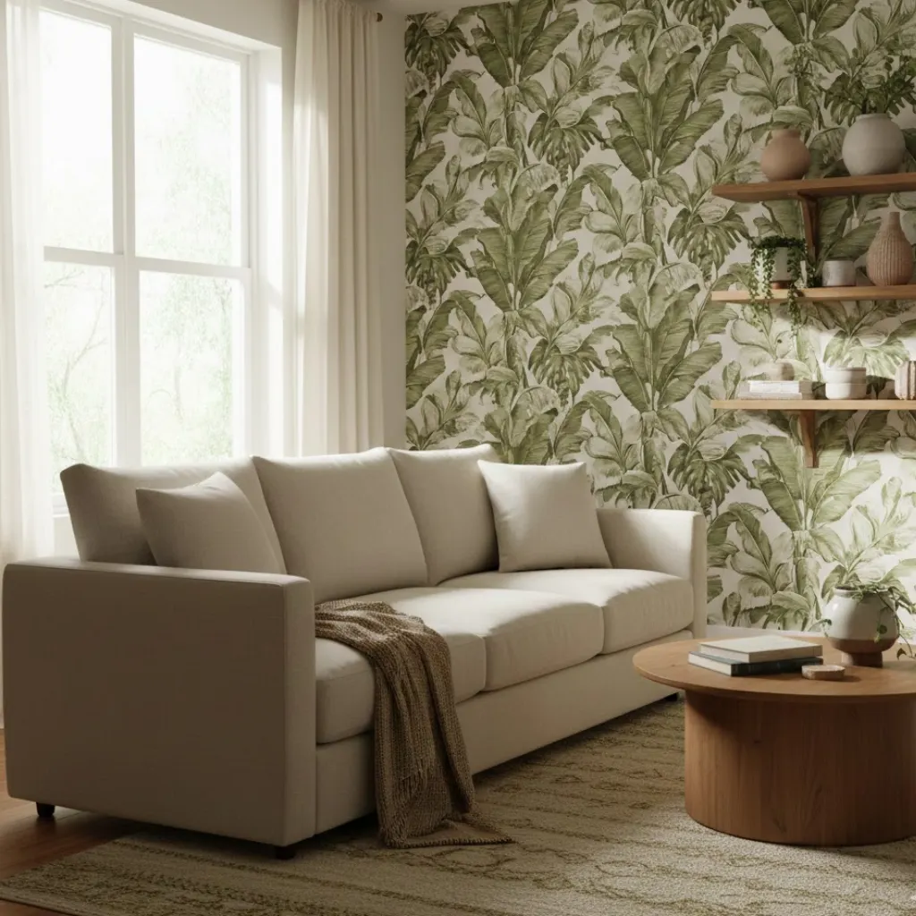 Nature-inspired wallpaper with lush greenery creating a calm and relaxing living room interior.