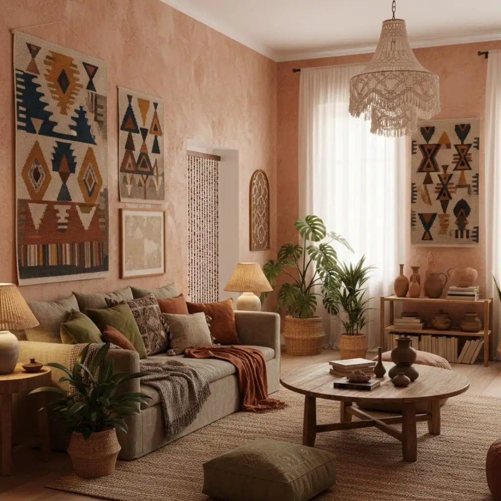 Neutral Afrohemian living room enhanced with textured African decor elements