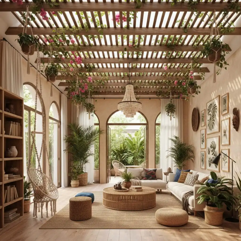 Open-layout Afrohemian living room inspired by backyard pergola design concepts