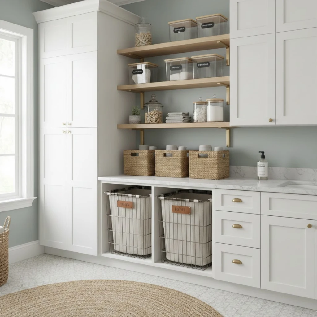 Organized laundry room featuring tall cabinets, floating shelves, and pull-out hampers for maximum storage efficiency.