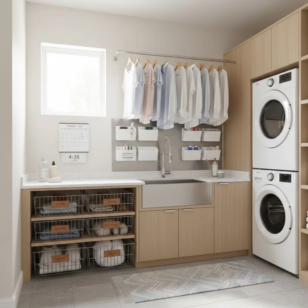 Organized laundry room with hanging rods, magnetic organizers, and sliding baskets for practical storage.