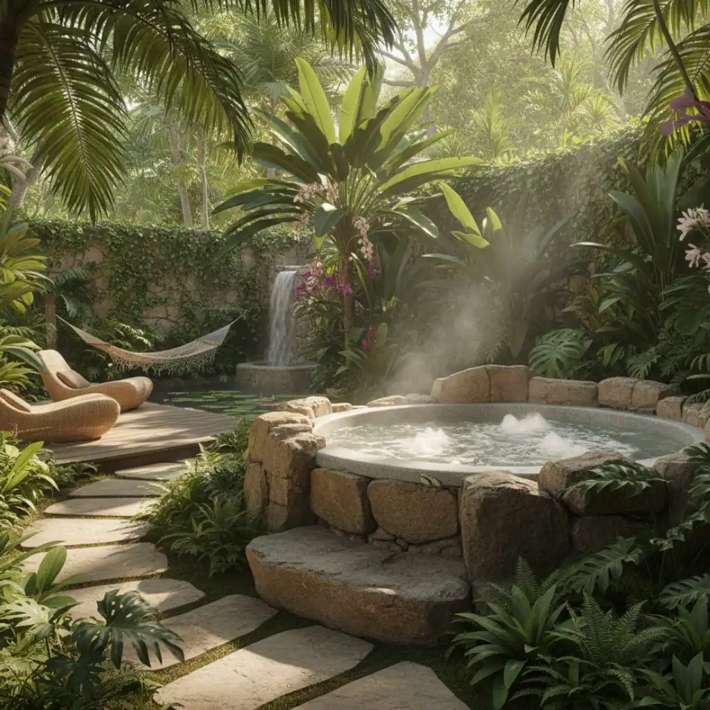 Outdoor jacuzzi blended into a natural garden setting with greenery and stone details