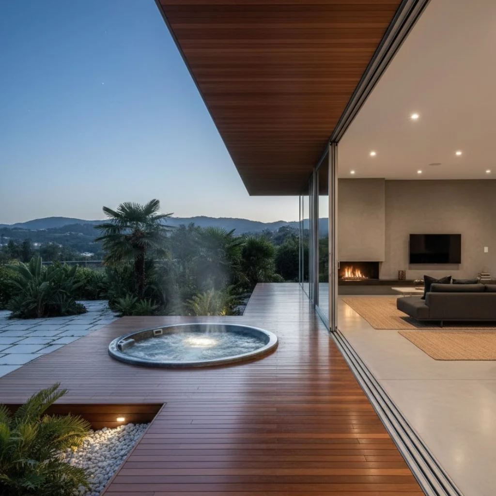 Outdoor jacuzzi designed with seamless indoor-outdoor living flow