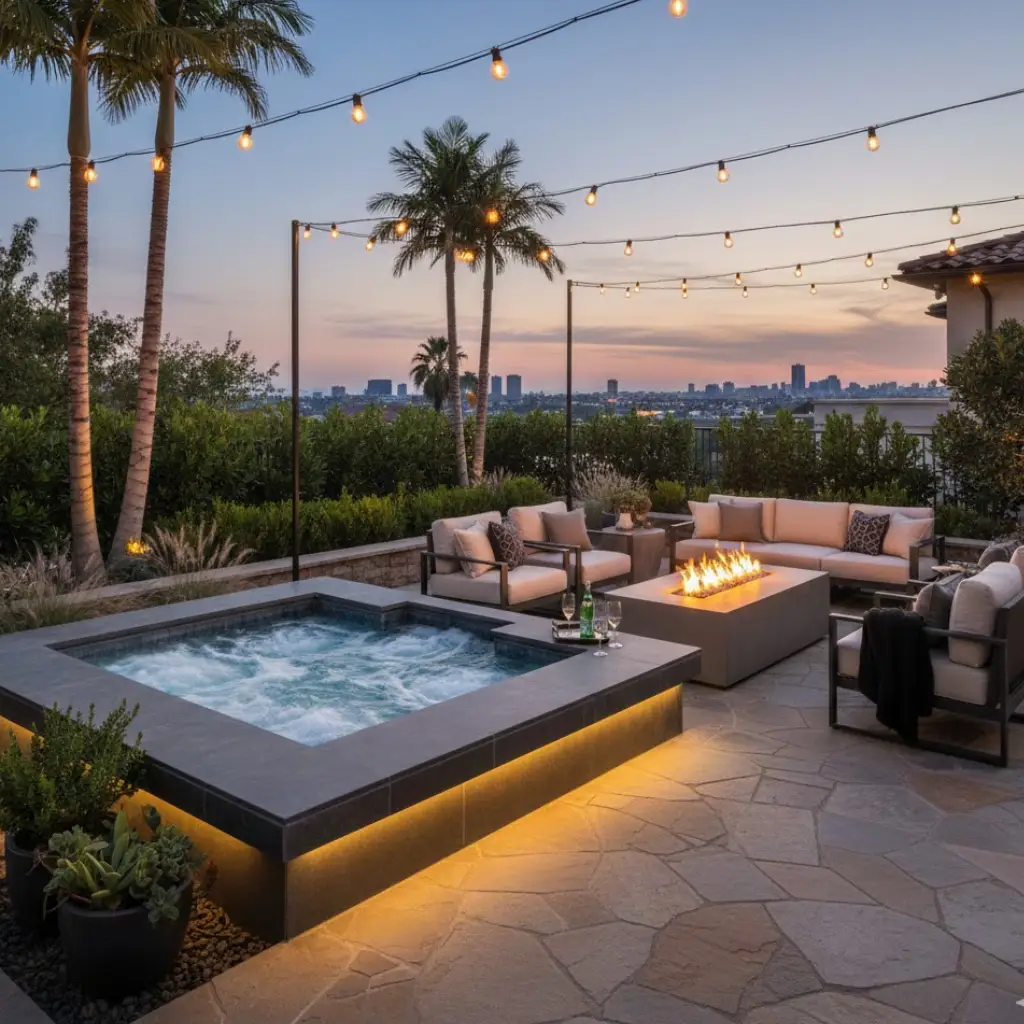 Outdoor jacuzzi paired with a fire pit for a cozy and luxurious backyard experience