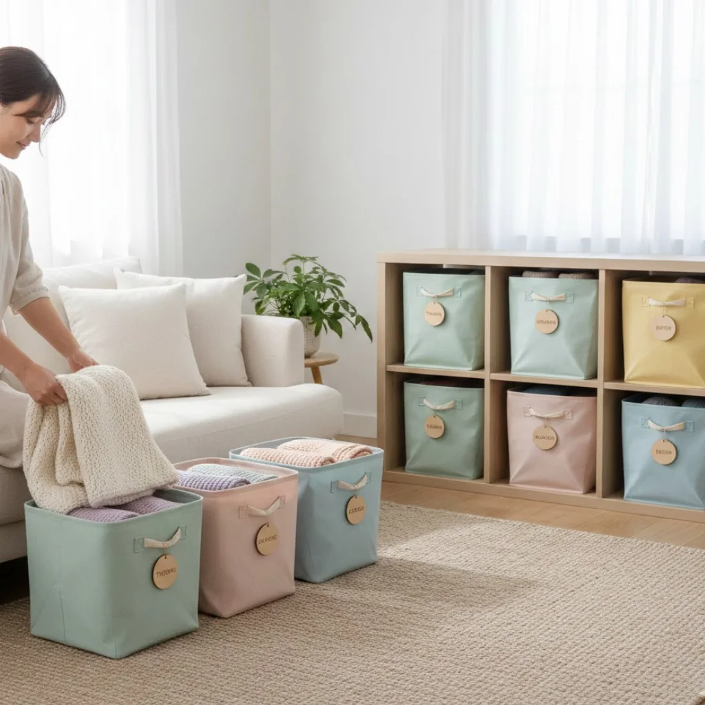 Packing away winter throws and decor to prepare a home for spring transition.