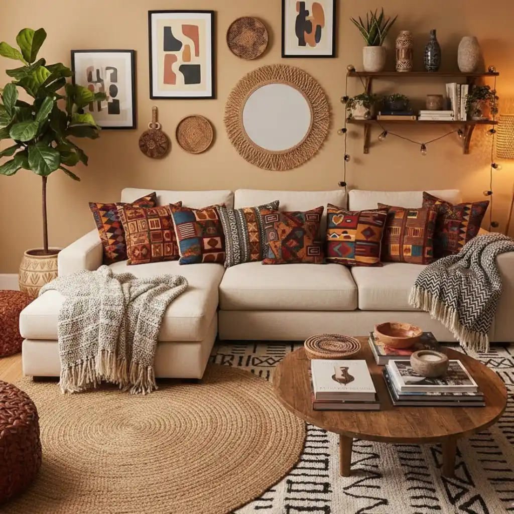 Pattern-layered Afrohemian living room with African prints and rich textured decor