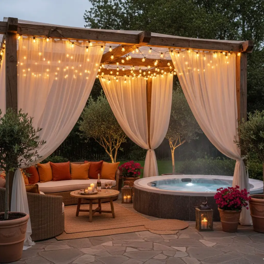 Pergola-covered outdoor jacuzzi creating a cozy and stylish backyard spa retreat