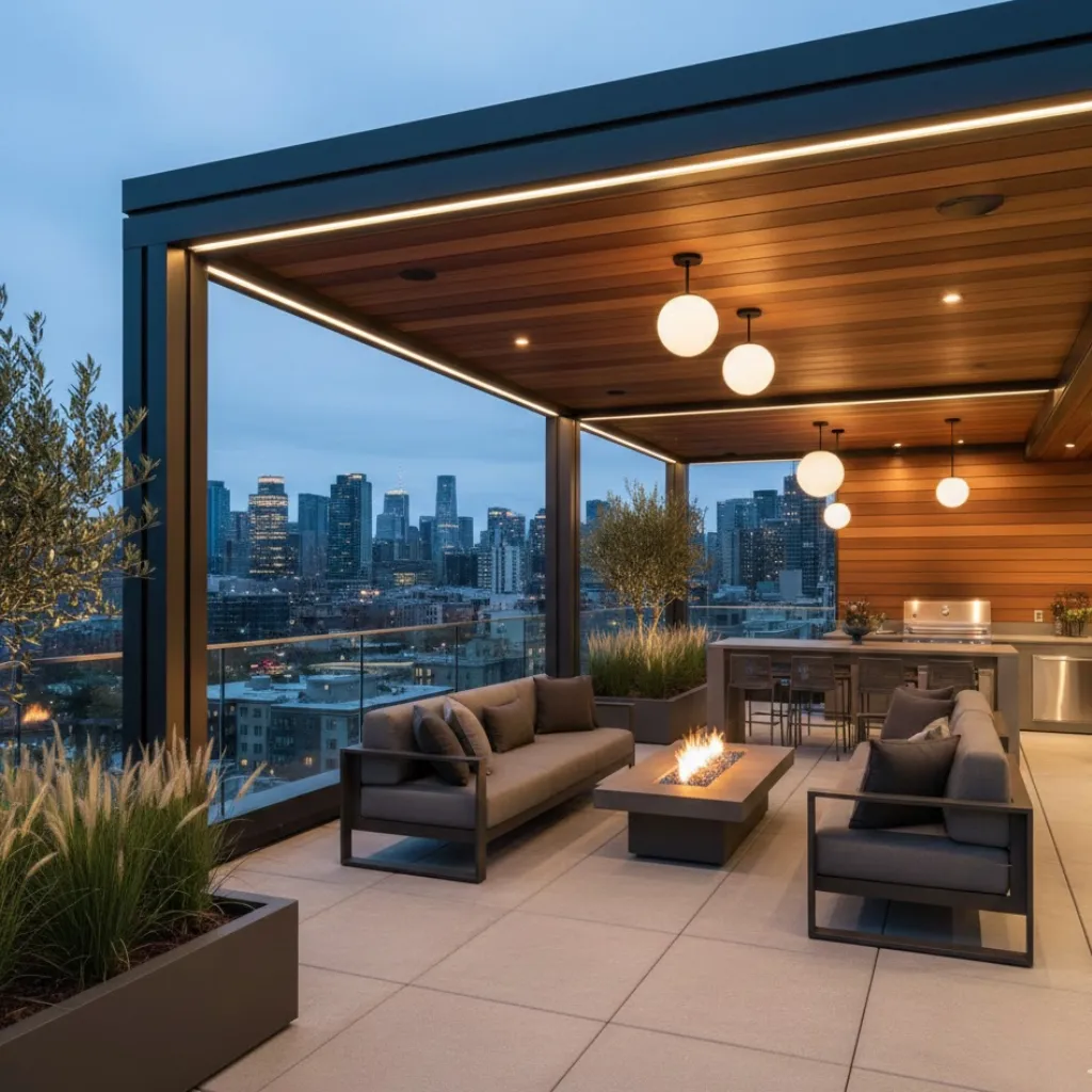 Pergola ideas attached to house rooftop with city views