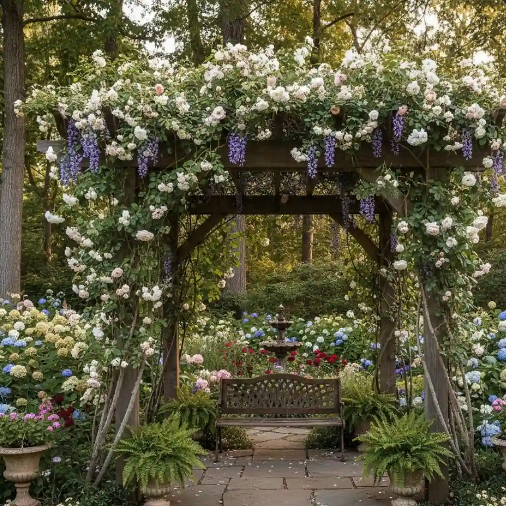 Pergola ideas backyard with greenery and climbing plants