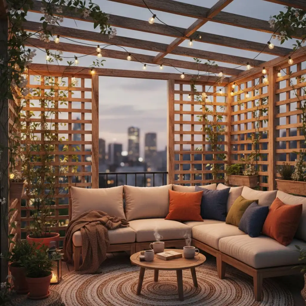 Pergola ideas balcony with privacy screens and cozy design