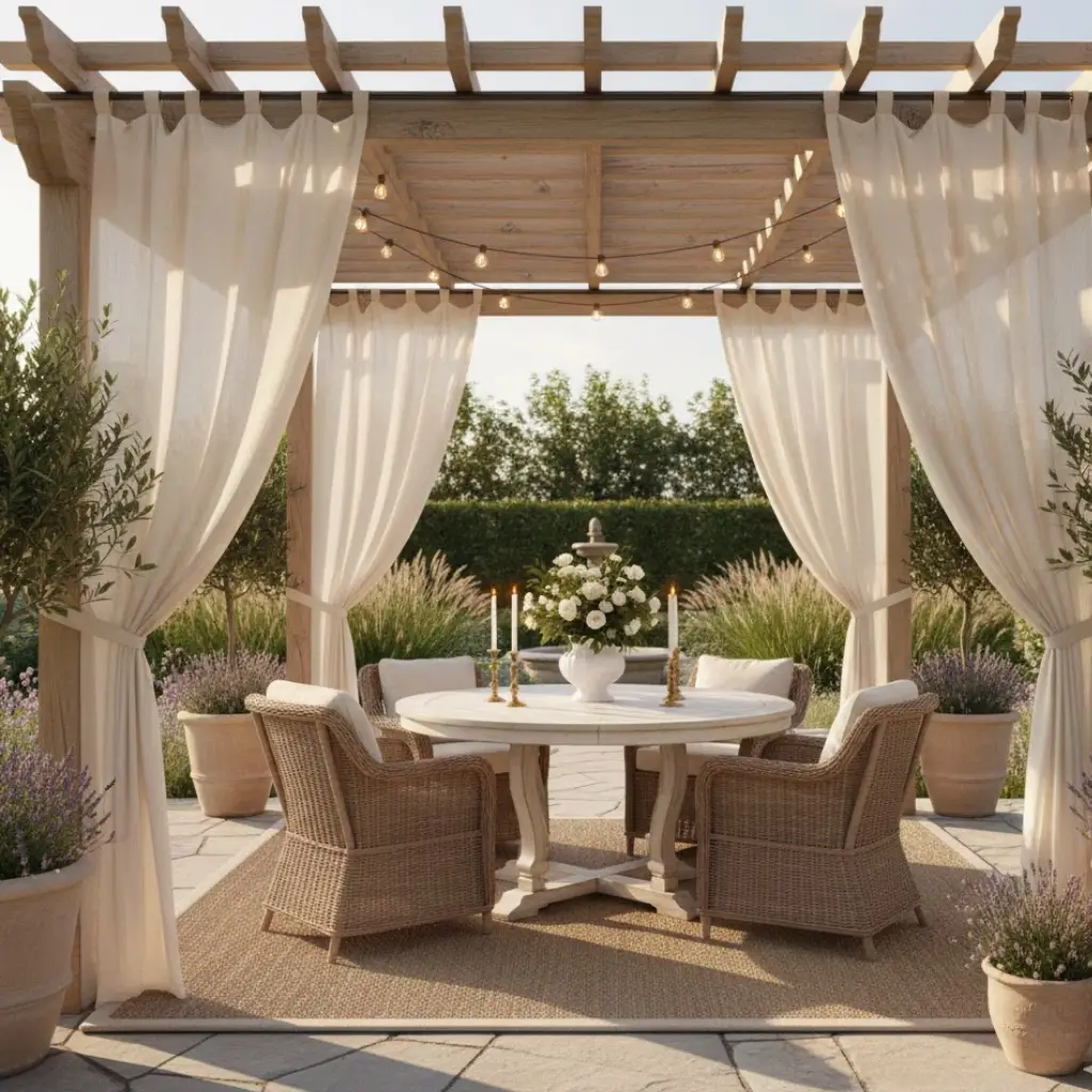 Pergola ideas for patio with curtains and soft textures