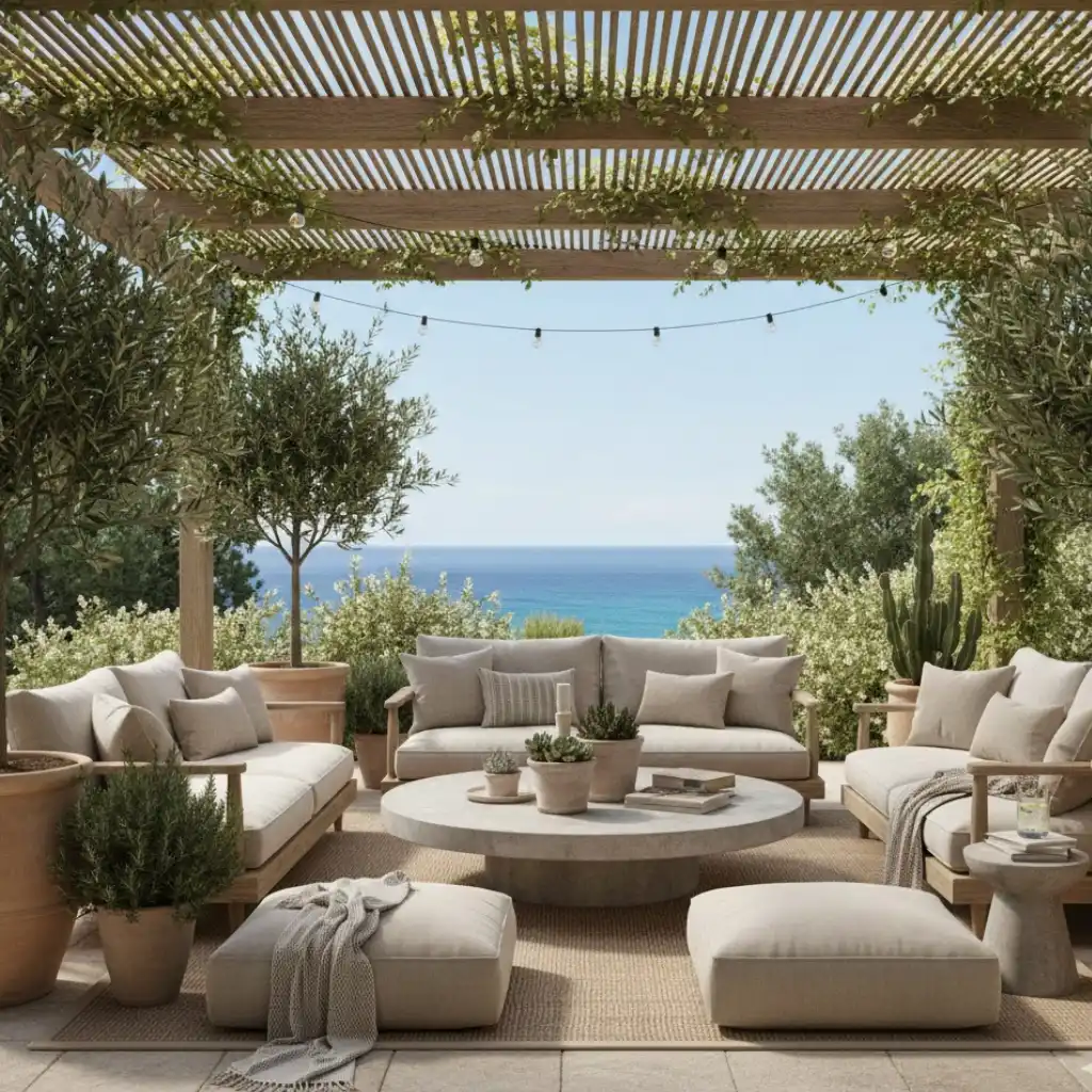 Pergola ideas terrace with cozy seating and greenery