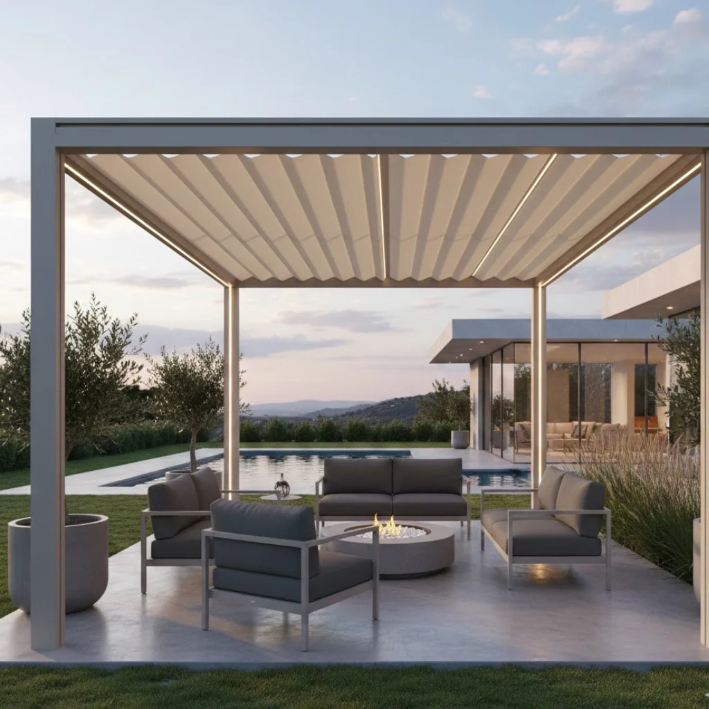 Pergola ideas with roof featuring retractable canopy