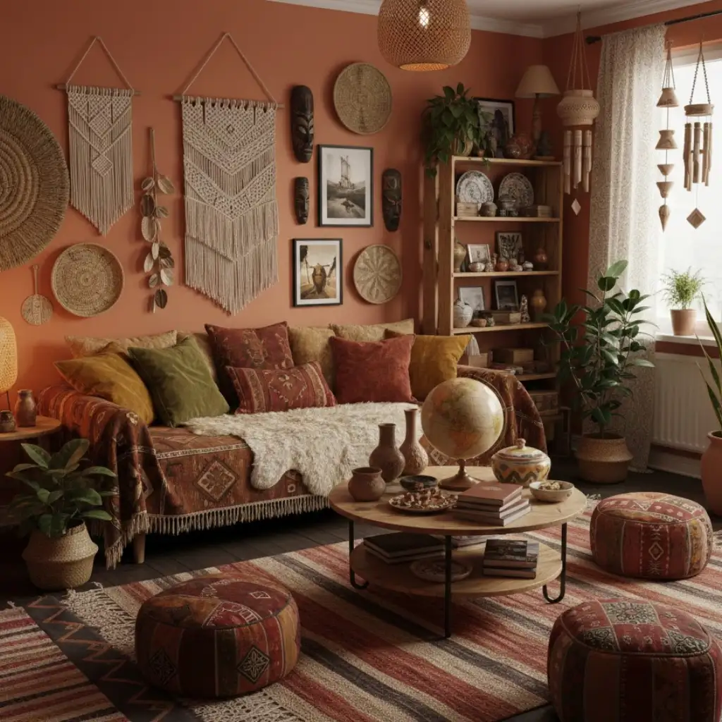 Personal Afrohemian living room filled with meaningful decor and cultural textures
