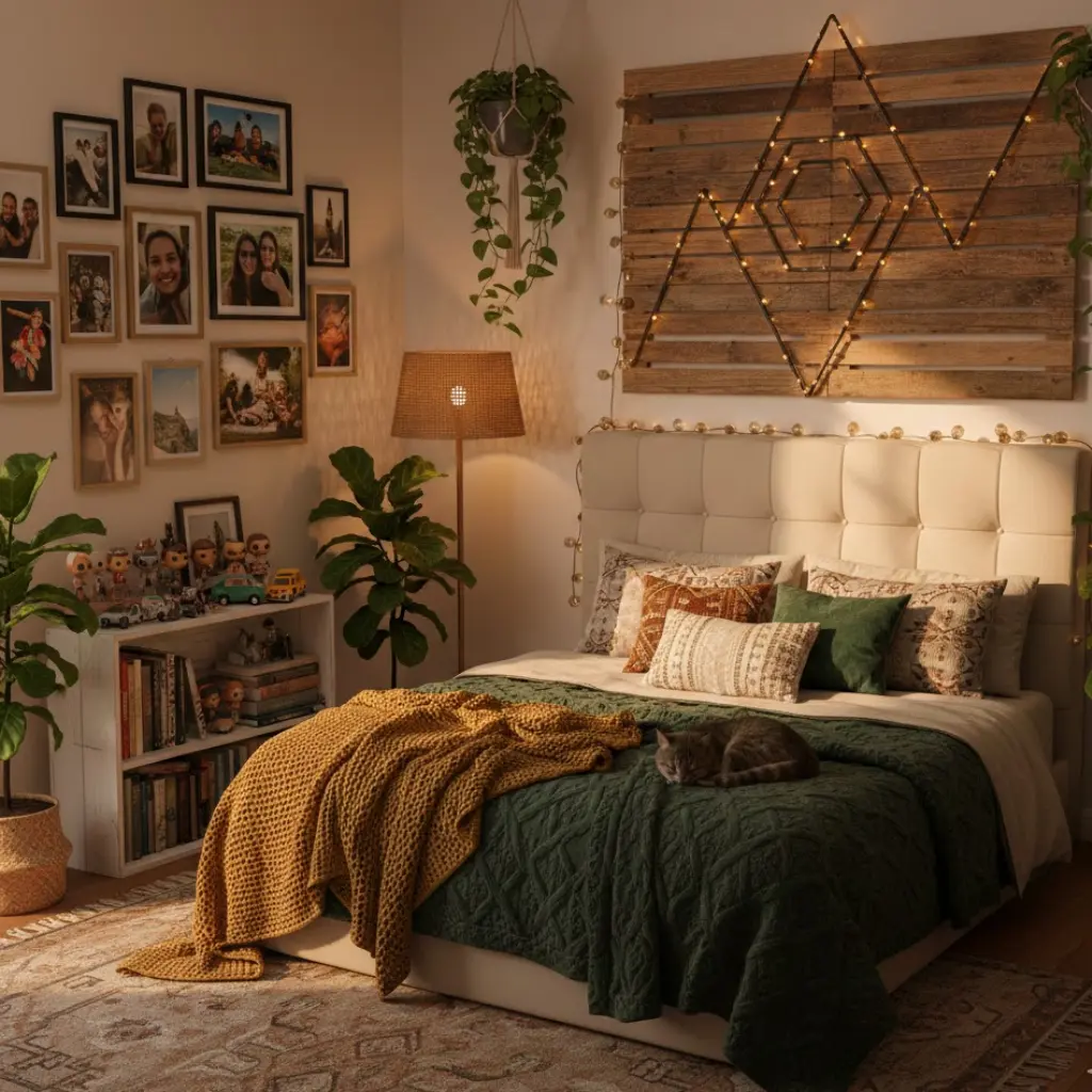 Personalised cosy bedroom with DIY art, framed photos, soft bedding, plants, and warm lighting for a homely atmosphere.