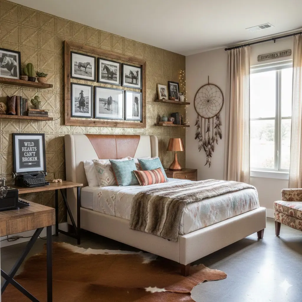 Personalized modern cowgirl bedroom with meaningful western-inspired decor.