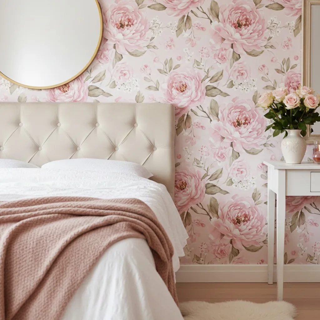 Pink flower wallpaper aesthetic featuring soft blush florals for feminine home decor