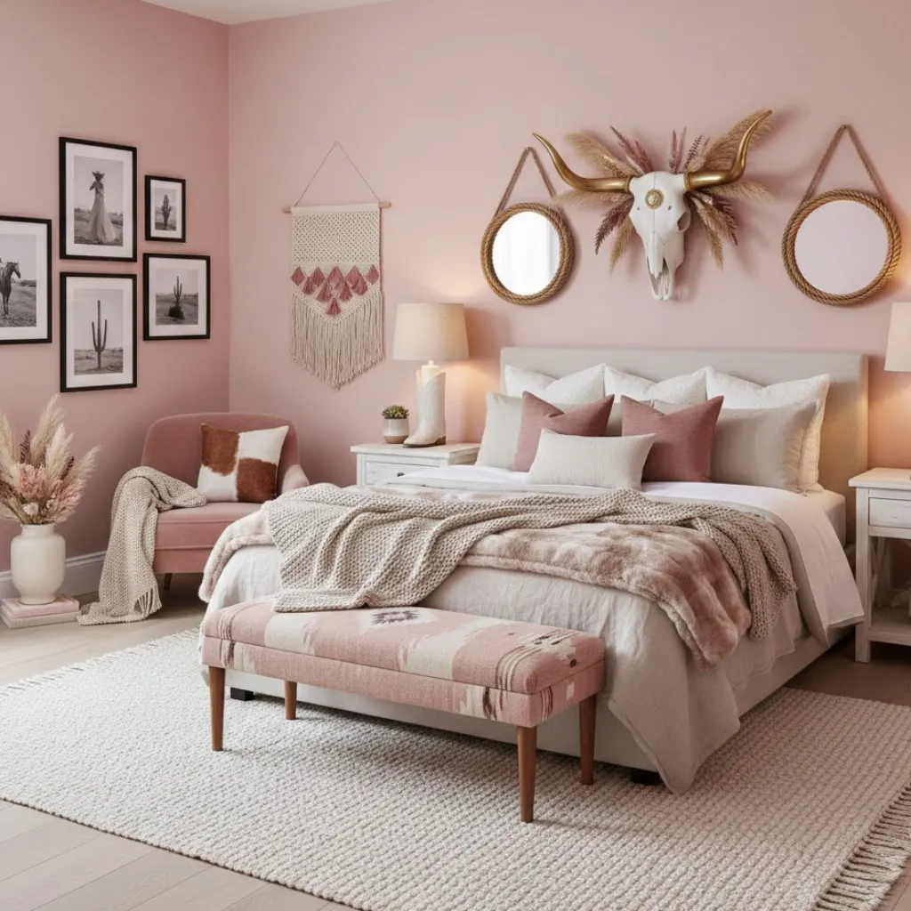 Pink modern cowgirl bedroom combining blush tones with subtle western decor.