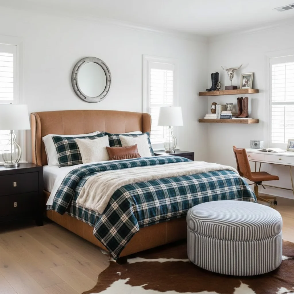 Preppy cowgirl bedroom blending plaid patterns with modern western elements.