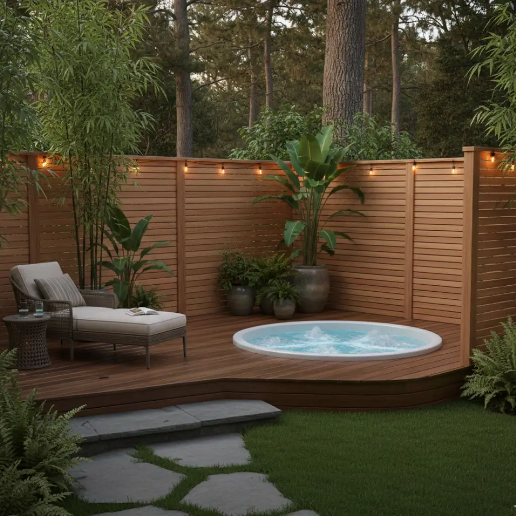 Private outdoor jacuzzi design with screens and greenery for relaxation
