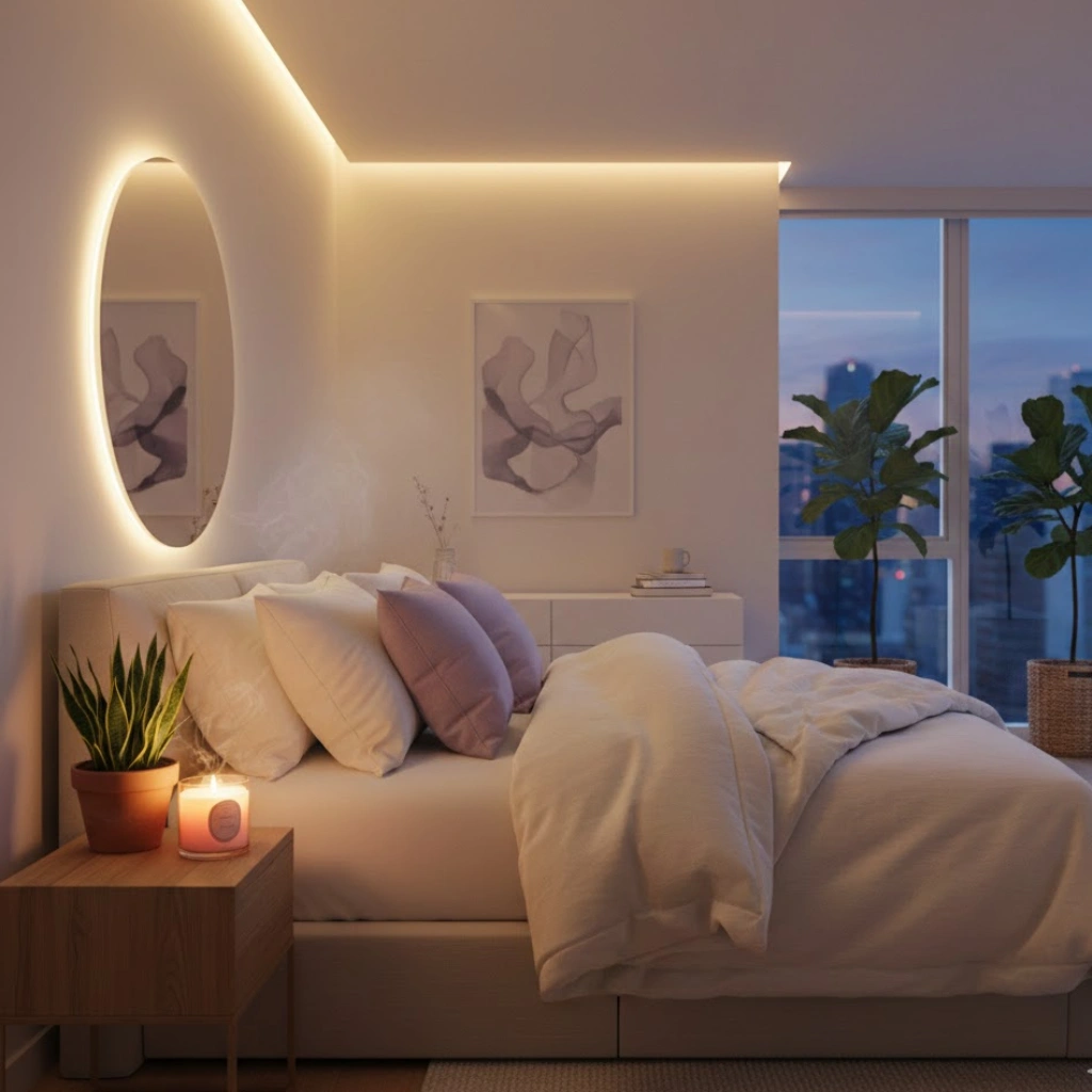 Relaxing cosy bedroom with candles, soft lighting, plants, and minimal décor for a peaceful and calming environment.