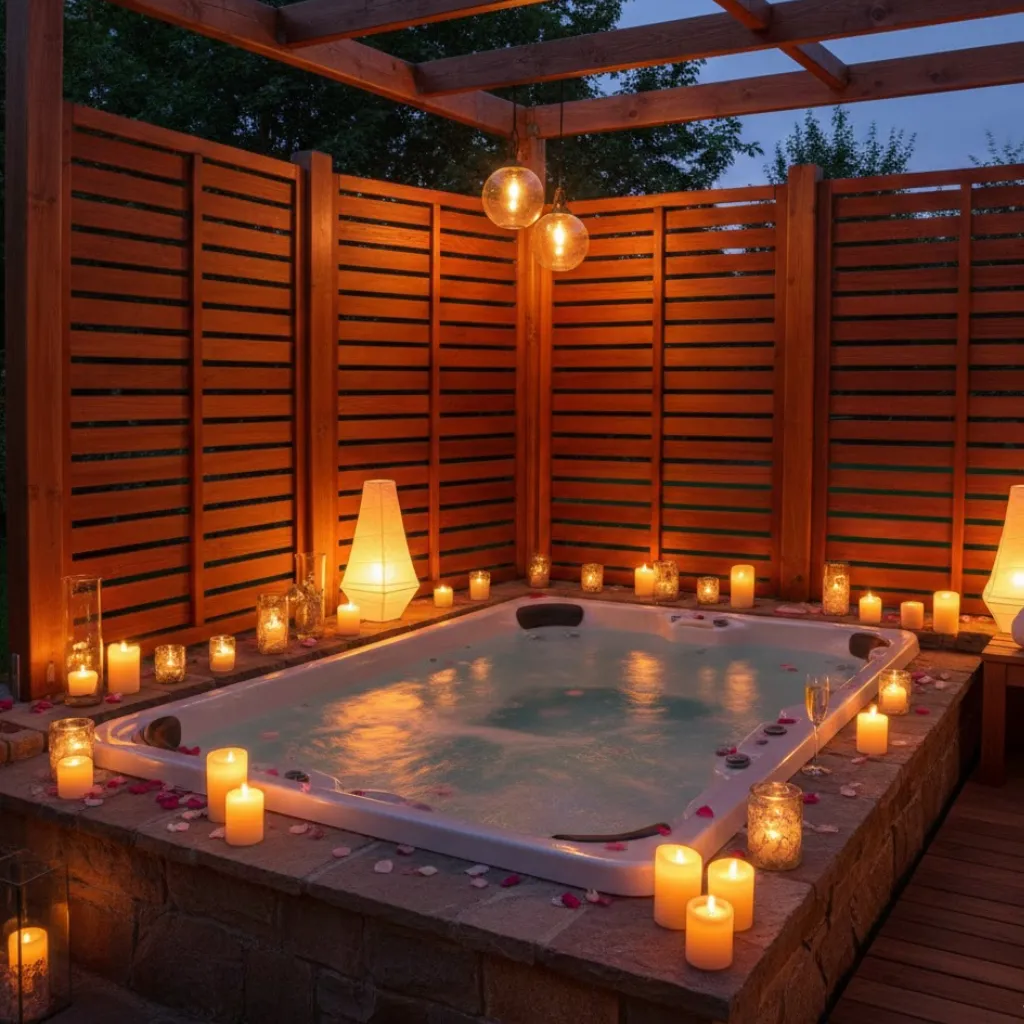 Romantic outdoor jacuzzi setup with candles and soft lighting for intimate relaxation